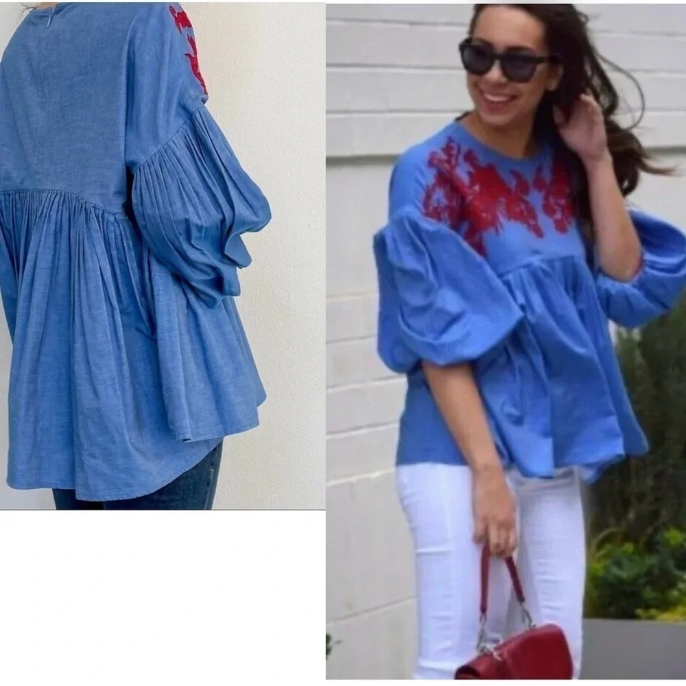 Anthropologie Hemant & Nandita Women's blue red Embroidered Lianna Top Blouse S - Picture 4 of 14